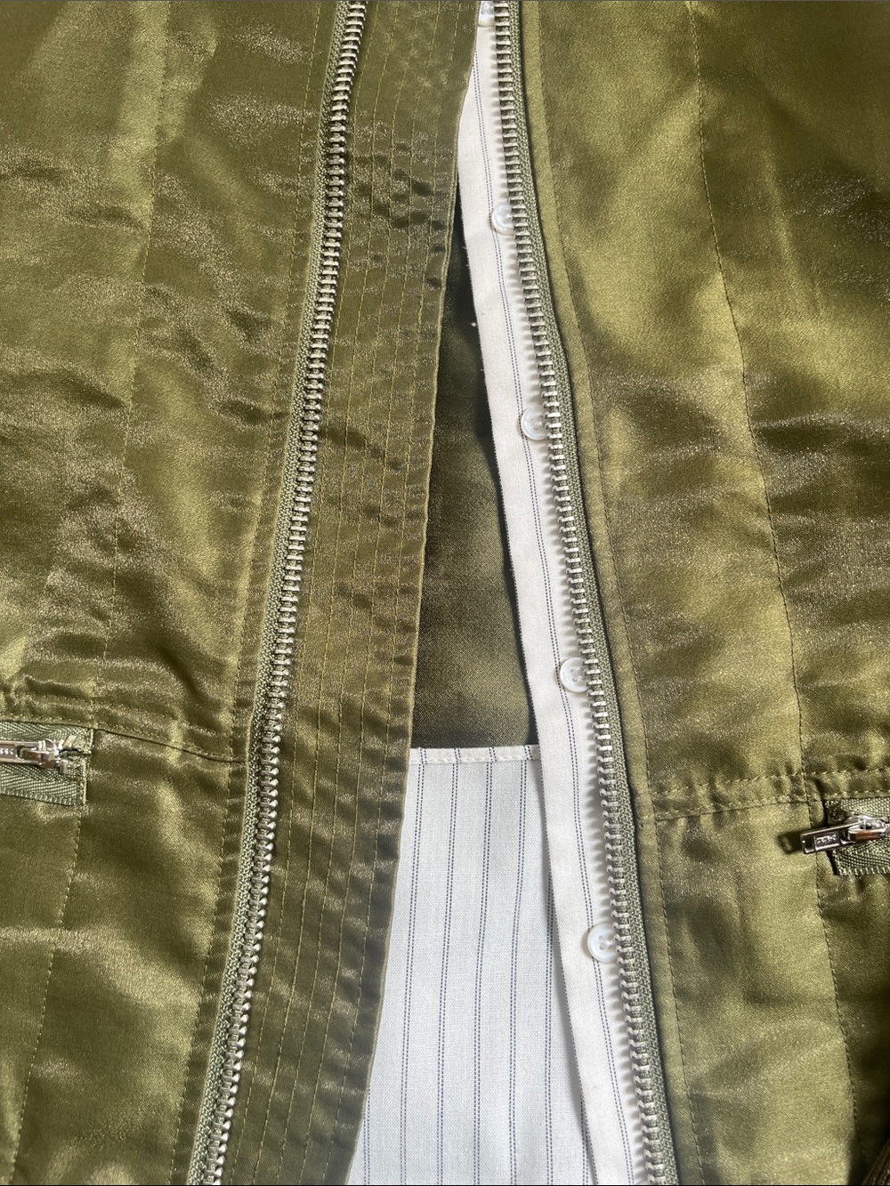 3.1 Phillip Lim Olive Satin Bomber Jacket+striped shirt lining - Picture 8 of 12